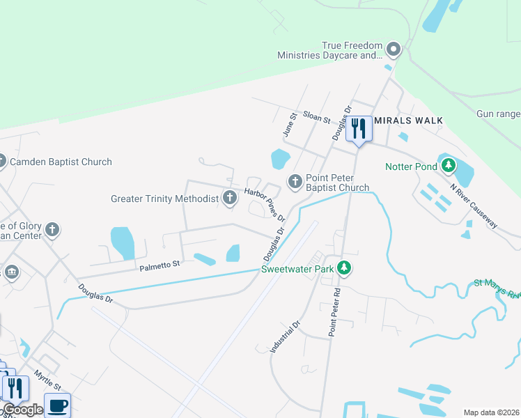 map of restaurants, bars, coffee shops, grocery stores, and more near 111 Inlet Reach Circle in Saint Marys