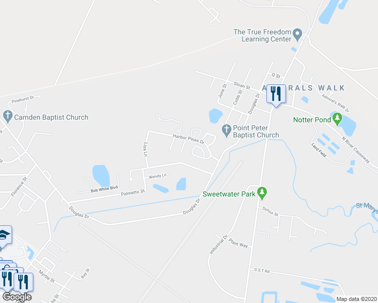 map of restaurants, bars, coffee shops, grocery stores, and more near 222 Inlet Reach Circle in St. Marys