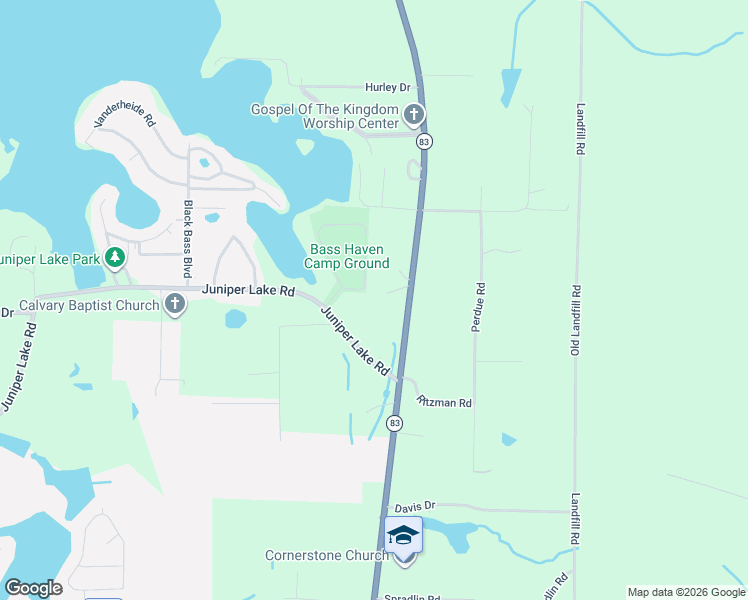 map of restaurants, bars, coffee shops, grocery stores, and more near 2725 Highway 83 in DeFuniak Springs