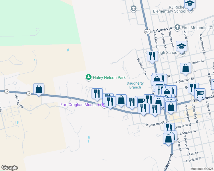 map of restaurants, bars, coffee shops, grocery stores, and more near 108 Hamilton Creek Drive in Burnet