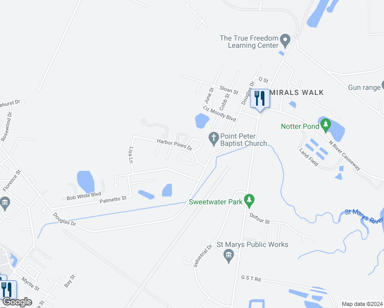 map of restaurants, bars, coffee shops, grocery stores, and more near 118 Inlet Reach Circle in Saint Marys