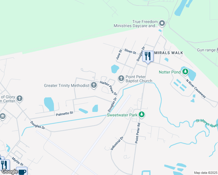map of restaurants, bars, coffee shops, grocery stores, and more near 120 Inlet Reach Circle in Saint Marys