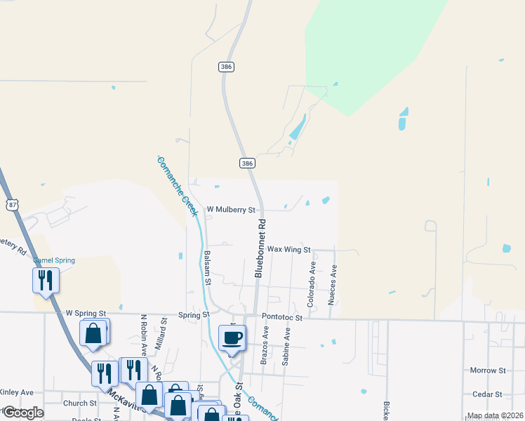 map of restaurants, bars, coffee shops, grocery stores, and more near 1110 Bluebonnet Road in Mason