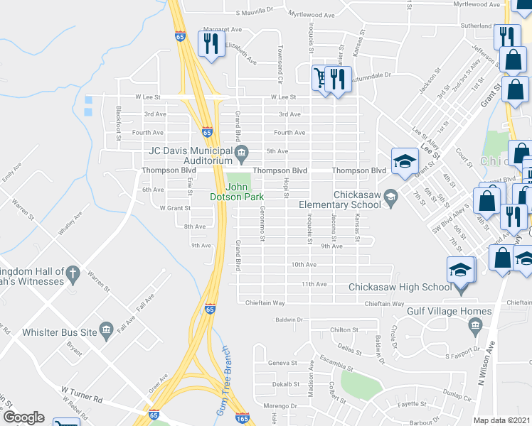 map of restaurants, bars, coffee shops, grocery stores, and more near 271 West Grant Street in Chickasaw