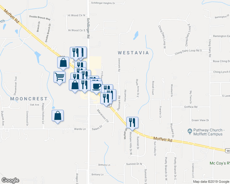 map of restaurants, bars, coffee shops, grocery stores, and more near 7688 Moffett Road in Mobile