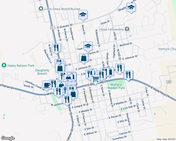 map of restaurants, bars, coffee shops, grocery stores, and more near 203 North Boundary Street in Burnet