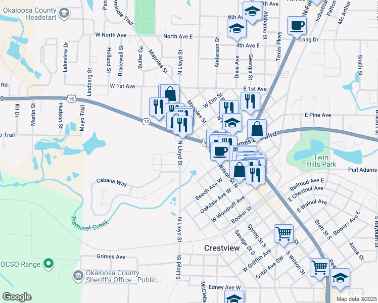 map of restaurants, bars, coffee shops, grocery stores, and more near 300 Hickory Avenue West in Crestview