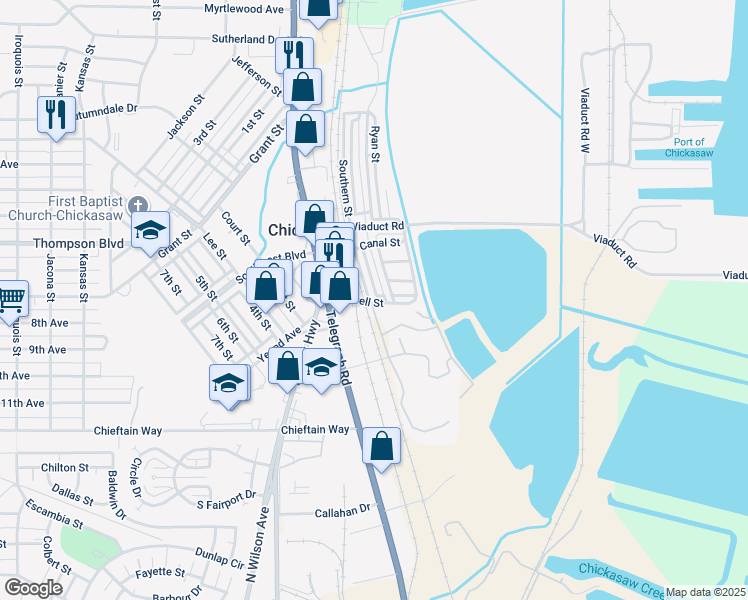 map of restaurants, bars, coffee shops, grocery stores, and more near 1 Southern Street in Chickasaw