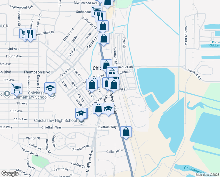 map of restaurants, bars, coffee shops, grocery stores, and more near 43 North Craft Highway in Chickasaw