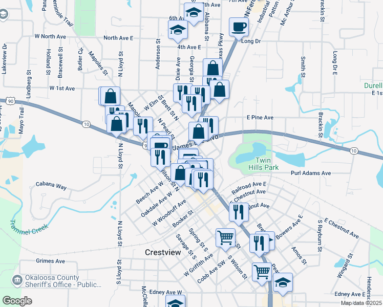 map of restaurants, bars, coffee shops, grocery stores, and more near 419 North Ferdon Boulevard in Crestview