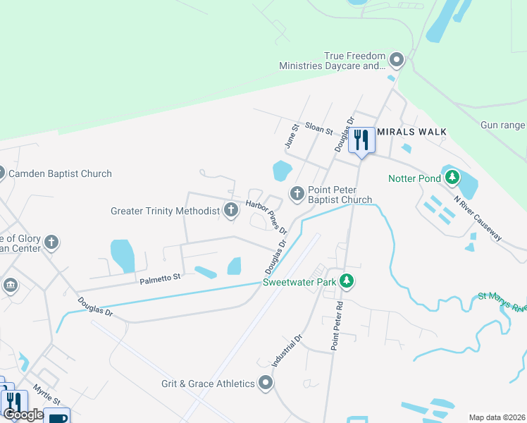 map of restaurants, bars, coffee shops, grocery stores, and more near 128 Inlet Reach Circle in Saint Marys