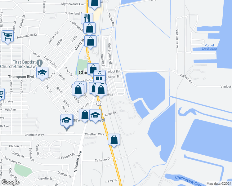 map of restaurants, bars, coffee shops, grocery stores, and more near 4 Gulf Street in Chickasaw