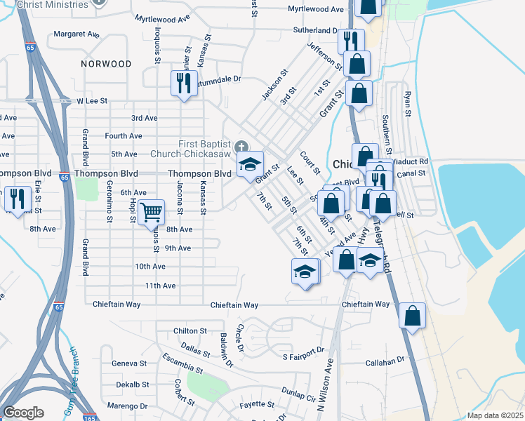 map of restaurants, bars, coffee shops, grocery stores, and more near 214 7th Street in Chickasaw