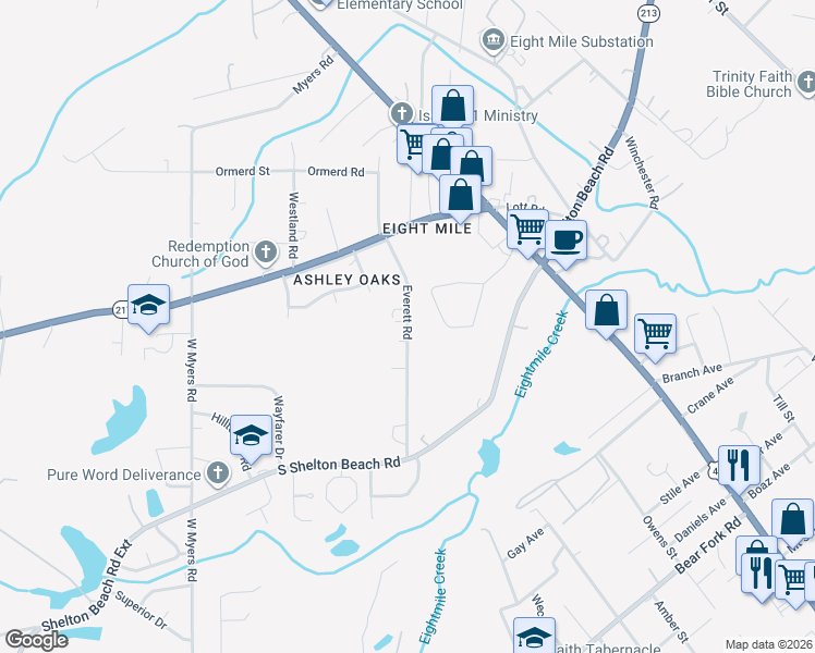 map of restaurants, bars, coffee shops, grocery stores, and more near 4309 Everett Road in Prichard