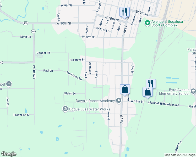 map of restaurants, bars, coffee shops, grocery stores, and more near 1429 Avenue J in Bogalusa
