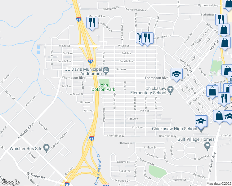 map of restaurants, bars, coffee shops, grocery stores, and more near 300 Geronimo Street in Chickasaw