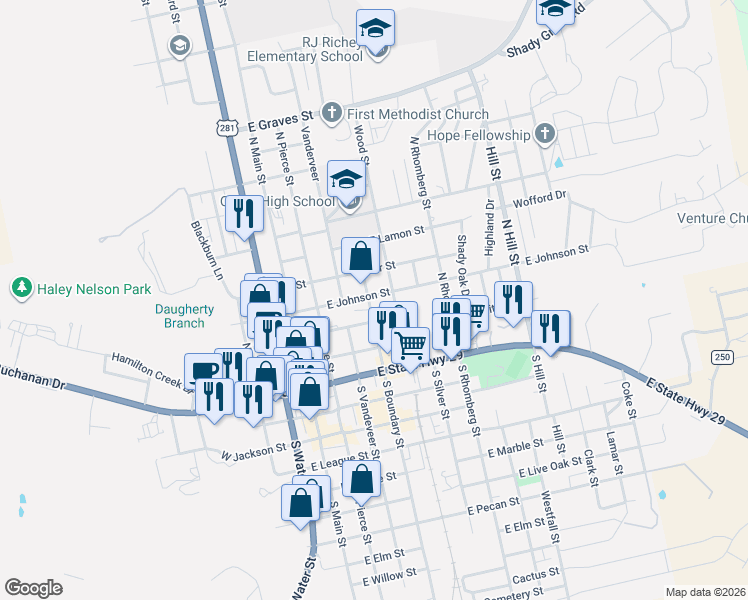 map of restaurants, bars, coffee shops, grocery stores, and more near 309 North Boundary Street in Burnet