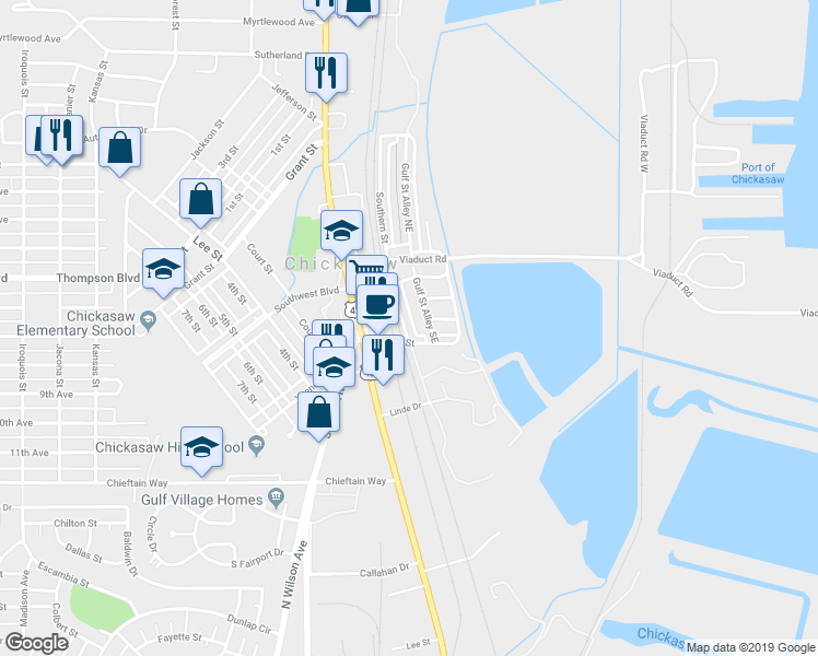 map of restaurants, bars, coffee shops, grocery stores, and more near 3 Southern Street in Chickasaw