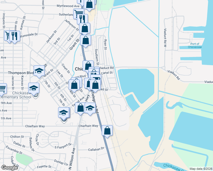 map of restaurants, bars, coffee shops, grocery stores, and more near 9 Oak Street in Chickasaw