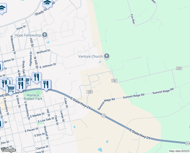 map of restaurants, bars, coffee shops, grocery stores, and more near 129 Findley Lane in Burnet