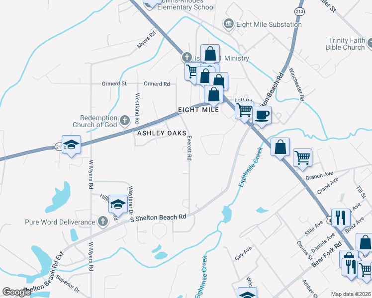 map of restaurants, bars, coffee shops, grocery stores, and more near 4309-4399 Everett Rd in Prichard