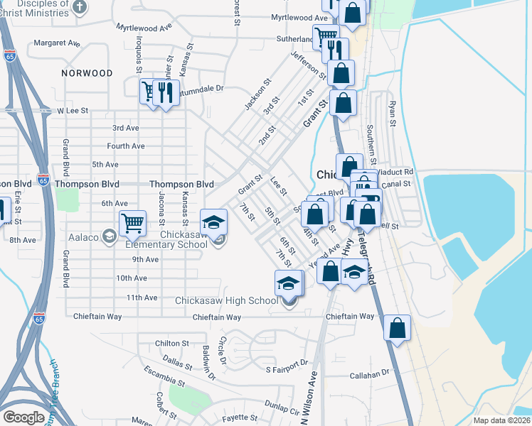 map of restaurants, bars, coffee shops, grocery stores, and more near 211 6th Street in Chickasaw