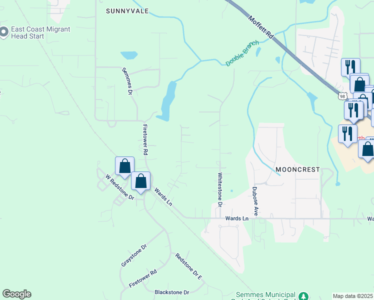 map of restaurants, bars, coffee shops, grocery stores, and more near 3380 Shannon Lane in Semmes