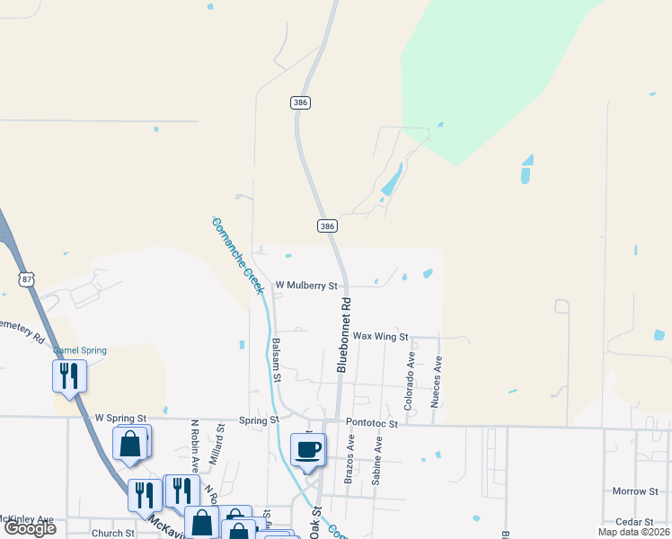 map of restaurants, bars, coffee shops, grocery stores, and more near 1110 Bluebonnet Road in Mason