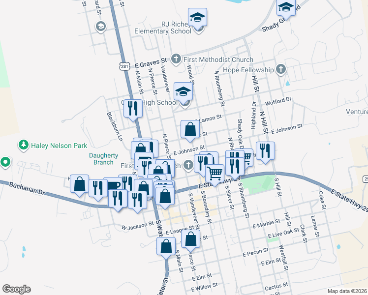 map of restaurants, bars, coffee shops, grocery stores, and more near 304 East Johnson Street in Burnet