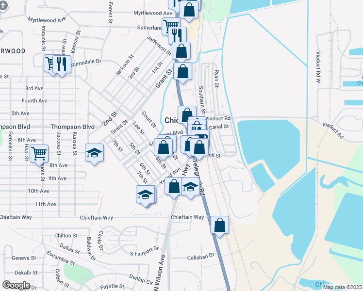 map of restaurants, bars, coffee shops, grocery stores, and more near 325 Garden Lane in Chickasaw