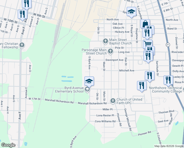 map of restaurants, bars, coffee shops, grocery stores, and more near 1412 Byrd Avenue in Bogalusa