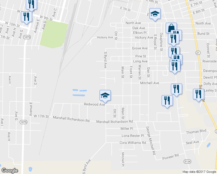map of restaurants, bars, coffee shops, grocery stores, and more near 1412 Byrd Avenue in Bogalusa