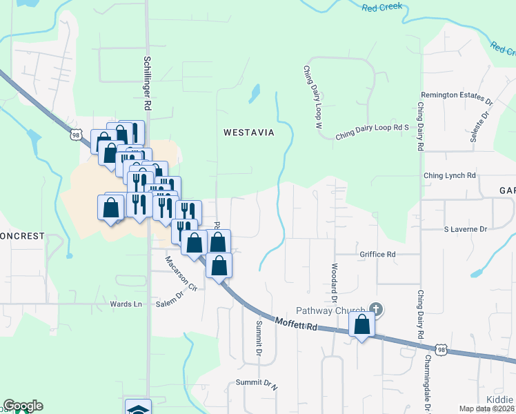 map of restaurants, bars, coffee shops, grocery stores, and more near 3400 Shady Acres Drive East in Mobile