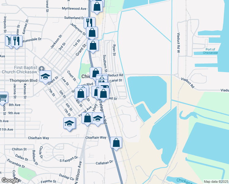 map of restaurants, bars, coffee shops, grocery stores, and more near 9 Gulf Street in Chickasaw