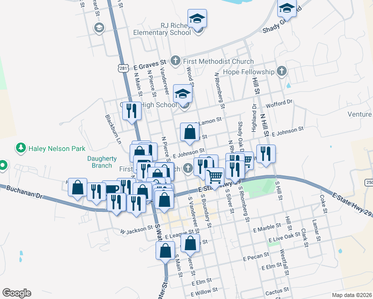 map of restaurants, bars, coffee shops, grocery stores, and more near 304 E Johnson St in Burnet