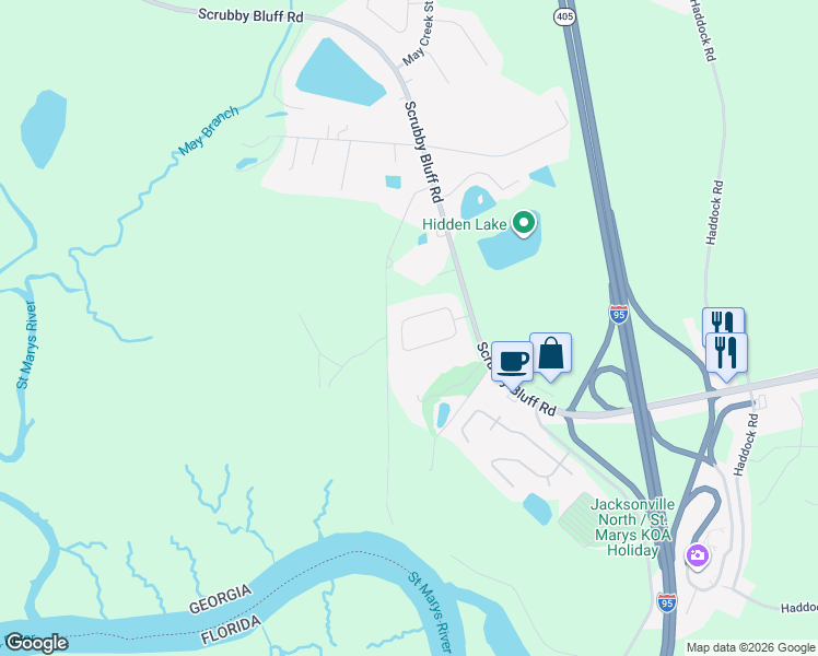 map of restaurants, bars, coffee shops, grocery stores, and more near 163 Whippoorwill Circle in Kingsland