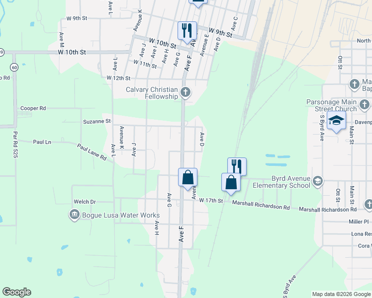 map of restaurants, bars, coffee shops, grocery stores, and more near 1436 Avenue F in Bogalusa