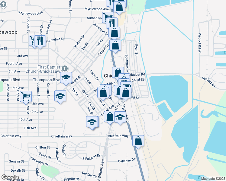 map of restaurants, bars, coffee shops, grocery stores, and more near 325 Garden Lane in Chickasaw