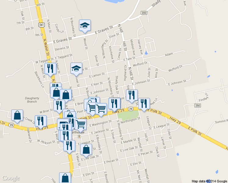 map of restaurants, bars, coffee shops, grocery stores, and more near 305 North Rhomberg Street in Burnet