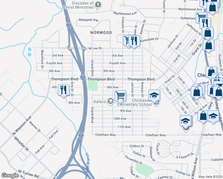 map of restaurants, bars, coffee shops, grocery stores, and more near 315 Hopi Street in Chickasaw
