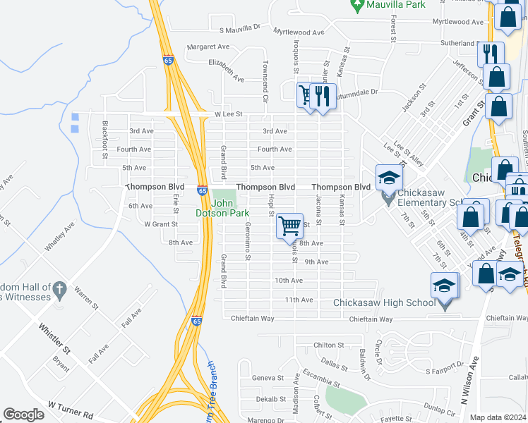 map of restaurants, bars, coffee shops, grocery stores, and more near 255 6th Avenue in Mobile