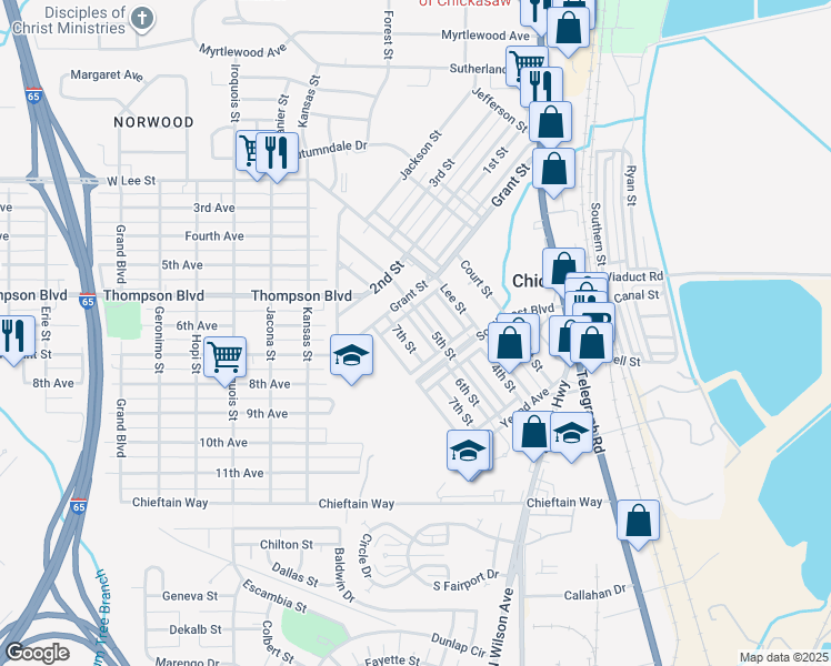 map of restaurants, bars, coffee shops, grocery stores, and more near 211 6th Street in Chickasaw