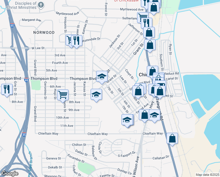 map of restaurants, bars, coffee shops, grocery stores, and more near 211 6th Street in Chickasaw