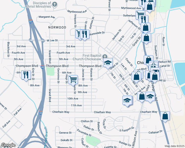 map of restaurants, bars, coffee shops, grocery stores, and more near 73 6th Avenue in Chickasaw