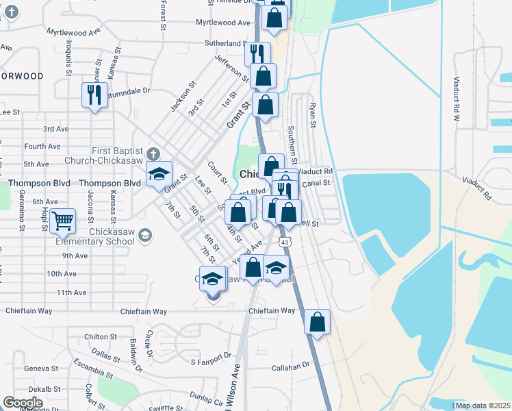 map of restaurants, bars, coffee shops, grocery stores, and more near 325 Garden Lane in Chickasaw