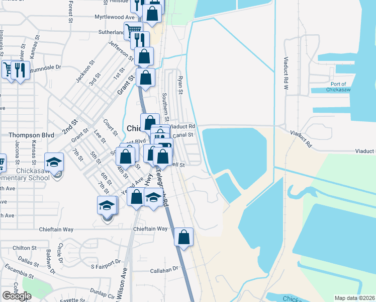 map of restaurants, bars, coffee shops, grocery stores, and more near 9 Oak Street in Chickasaw
