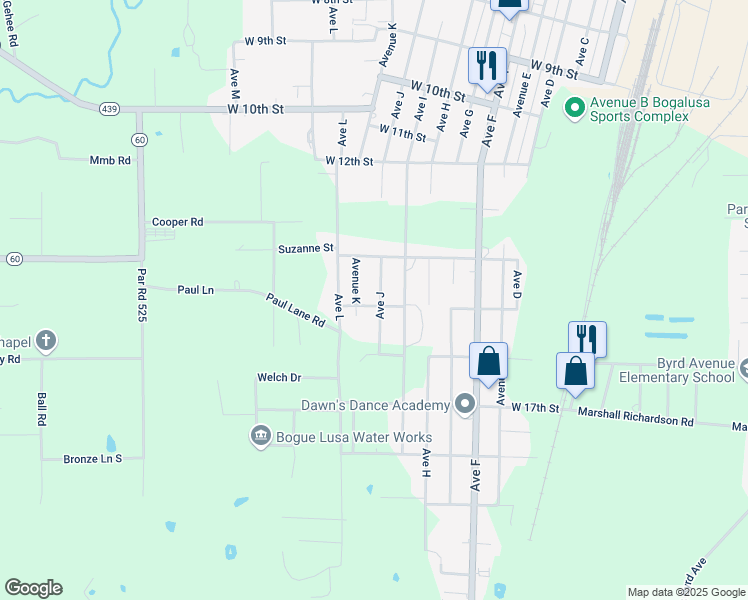 map of restaurants, bars, coffee shops, grocery stores, and more near 1429 Avenue J in Bogalusa