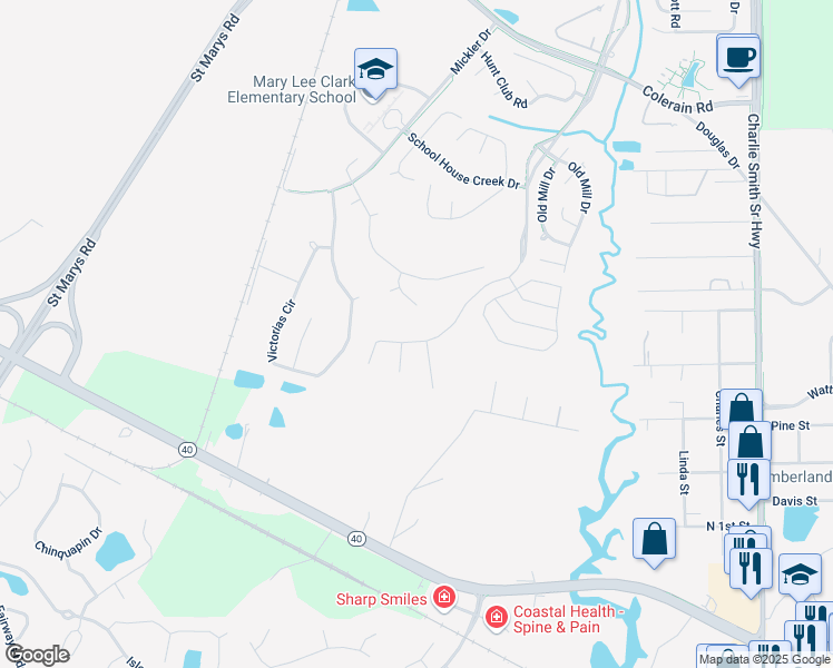 map of restaurants, bars, coffee shops, grocery stores, and more near 204 Sugarmill Boulevard in St. Marys