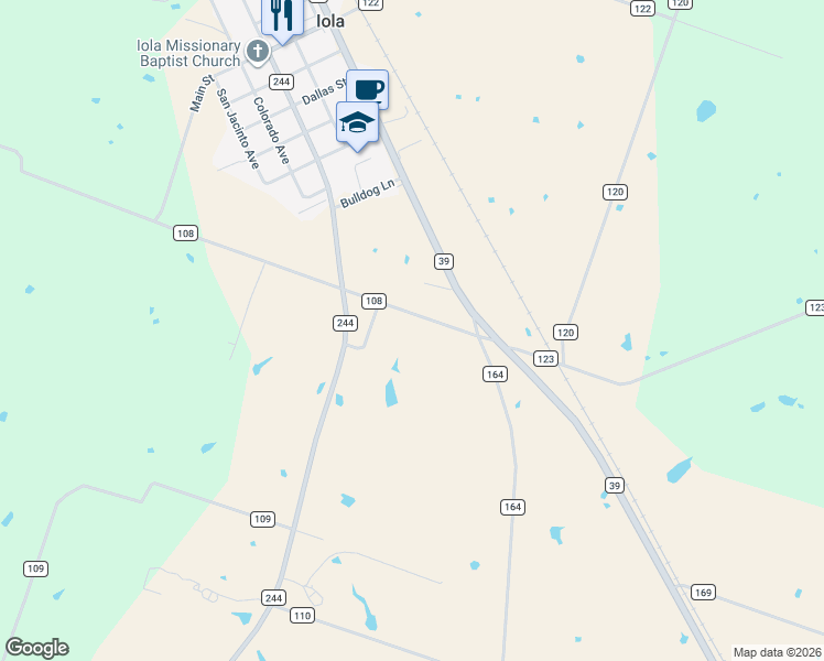 map of restaurants, bars, coffee shops, grocery stores, and more near 6581 County Road 108 in Iola