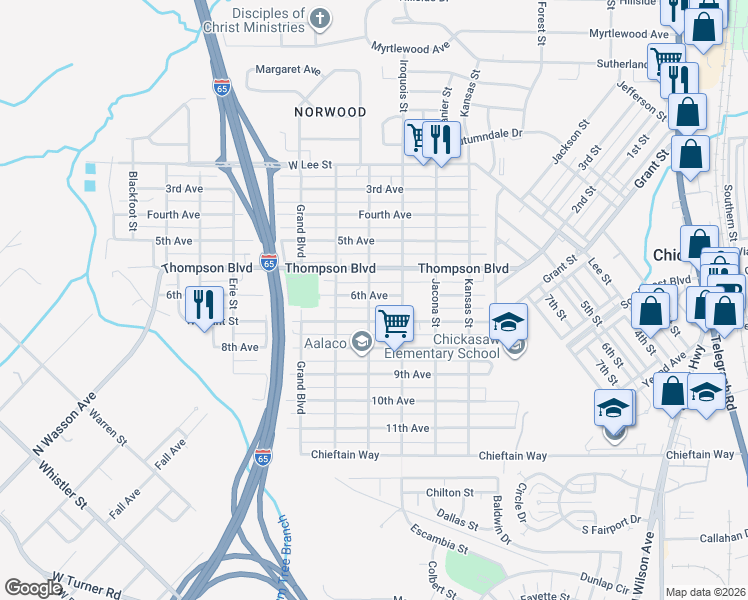 map of restaurants, bars, coffee shops, grocery stores, and more near 315 Hopi Street in Chickasaw